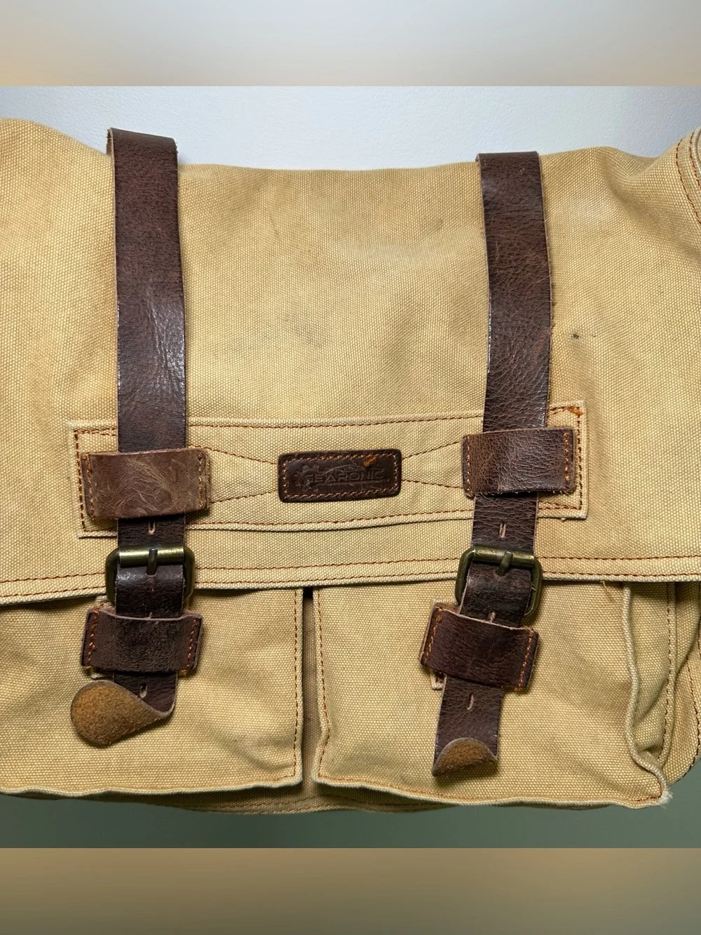Canvas & Leather Messenger Bag Khaki Brown Crossbody Tab Brown Pockets Zip